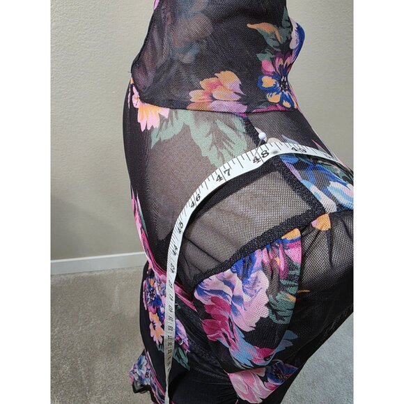 Floral Long-Sleeve Black Mesh Midi Dress With Ruched Design & High Neckline - Picture 9 of 10